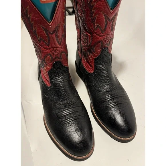 ARIAT HERITAGE BLACK & RED COWHIDE LEATHER ROUND TOE COWBOY BOOTS 9.5d - Picture 3 of 6